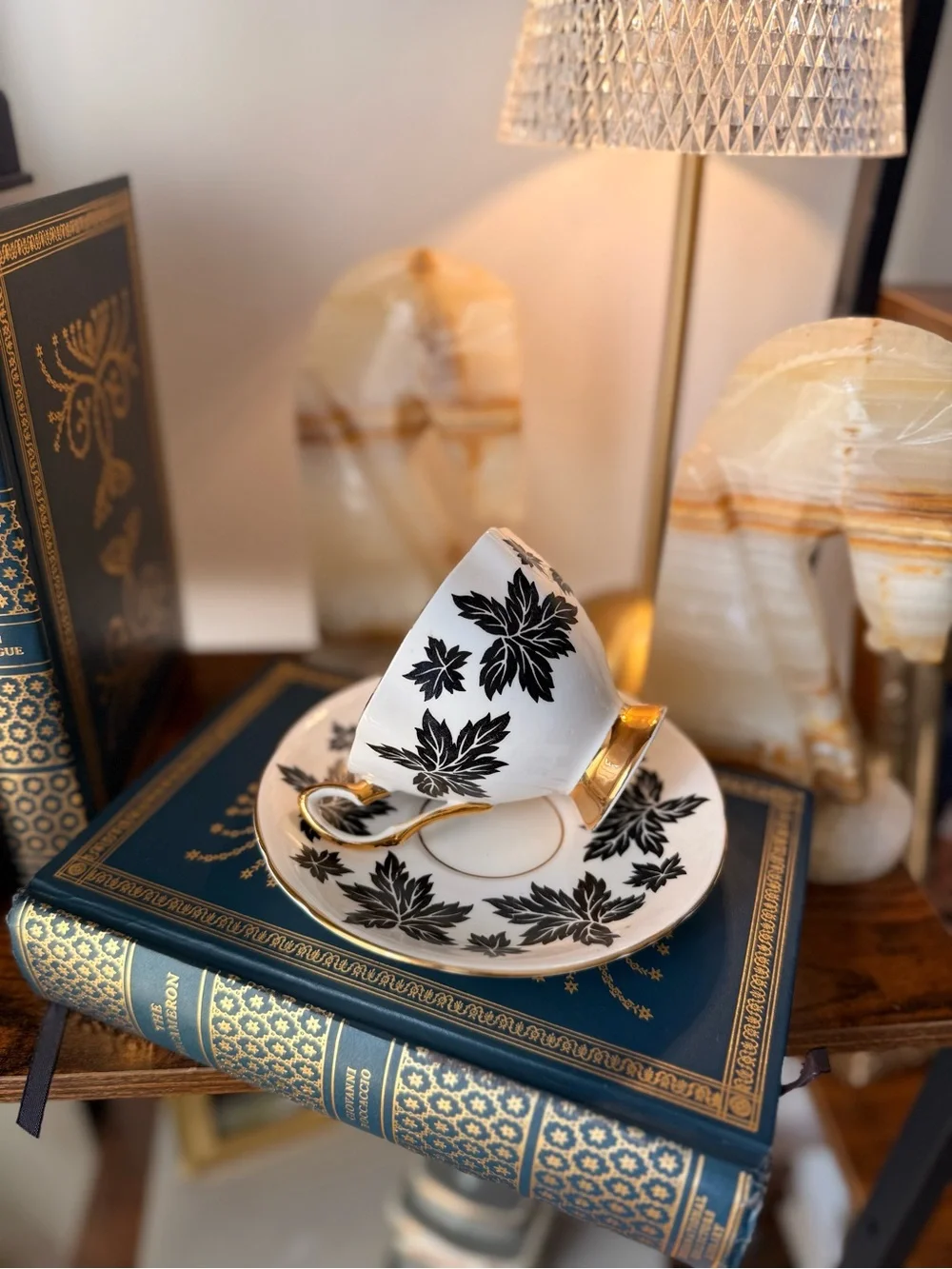 Black and Gold Leaf Teacup with Saucer